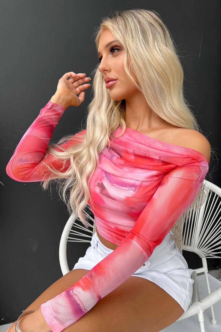 Women’s Pink Mesh Long Sleeve Bodysuit, Sheer Ruched Top with Tie-Dye Style Print, Size XS