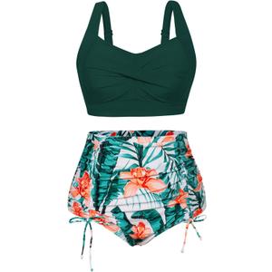 Hanna Nikole Women Plus Size Two Piece Swimsuit Sets Twist Front Bikini Bathing Suit with Drawstring Ruched Bottom (Green Leaves Floral)
