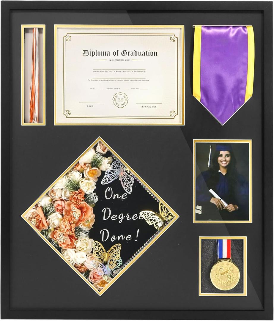 FramePro Graduation Shadow Box 23x27 Inch Display Case - Preserve Diploma(8.5x11), Cap, Tassel, Stole, Medal & 5x7 Photo | Premium Graduation Gift for Students, Friends