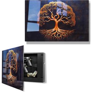 Biometric Gun Safe for Handgun, Pistol Safe with Fingerprint & KEY Access, Tree of Life Tempered Glass Hidden Gun Storage with Decor Function For Wall-Mounted