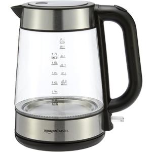 Amazon Basics Electric Kettle with Glass Carafe for Tea and Coffee, BPA-Free, Fast Boiling, Auto Shut-Off, Boil-Dry Protection, Water Level Indicator, 1.7 Liter, 1500W, Black and Silver
