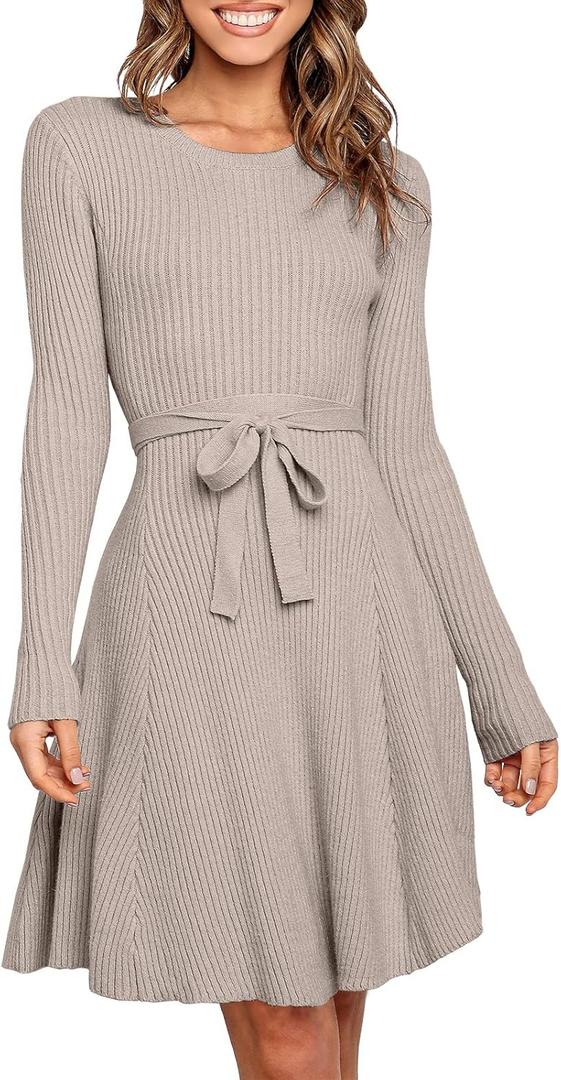 ANRABESS Women's Crewneck Long Sleeve Tie Waist A-Line Swing Bodycon Short Dress Casual Solid Ribbed Knit Sweater 669hongxing, Small, Red Apricot