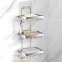 Moforoco Silver Soap Dish Holder for Shower Wall, No Drilling, 3-Tier 304 Rustproof Stainless Steel, Soap Bar Holder with 4 Hooks, Shampoo Bar Holder for Shower Caddy for Bathroom