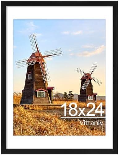 Vittanly 18x24 Picture Frame with Plexiglass - Large Black Poster Frame for Wall Display - Includes 16x20 Mat, Made of Durable PVC Design - 1 Pack