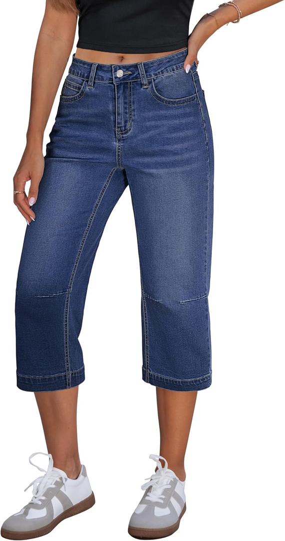 GRAPENT Capri Jeans for Women Mid Rise Straight Leg Casual Relaxed Fit Summer Cropped Stretchy Denim Capris Pants (Large, Darkness Blue)