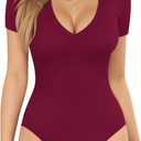 MANGOPOP V Neck Bodysuits for Women Short Sleeve Body Suits Basic Top Casual Shirt (Small, Burgundy)