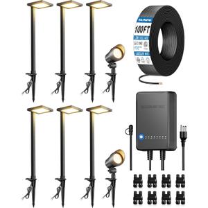SUNVIE All-in-ONE Landscape Lighting Kit 6-Pack Anti-glare LED Pathway Lights, 2-Pack Spotlights, 60W Transformer, 100FT 16/2 AWG Wire and Connectors Outdoor Landscape Lighting for Walkway Garden Yard