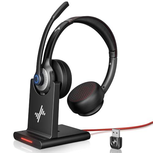 JIAMQISHI Wireless Headset with AI Noise Cancelling Microphone Bluetooth Headset - Bluetooth V5.2 Headphones with USB Dongle Charging Base & Mic Mute for Computer/Laptop/PC/Phone/Android/Cell Phones