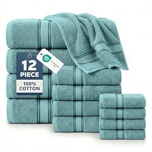 LANE LINEN Towels for Bathroom – 12 Pack, 100% Cotton Towel Sets, Zero Twist, 4 Bath, 4 Hand Towel & 4 Wash Cloths, Highly Absorbent, Luxury Hotel & Spa Quality, Machine Washable – Teal