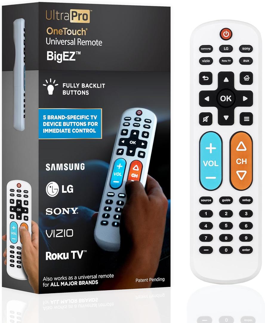 UltraPro BigEZ OneTouch Big Button Universal TV Remote for Seniors, Easy to Use, Replacement Remote for Samsung, LG, Sony, Vizio, Roku TV, Streaming Players, Backlit Buttons, 2 Device, White, 85053