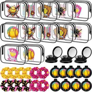 36 Pcs Softball Ice Cream Drip Gifts for Women 12 Softball Makeup Bag Bulk Cosmetic Bag Sport Team Gifts with 12 Sport Hair Scrunchies 12 Round Portable Folding Brush Mirror for Coach Team
