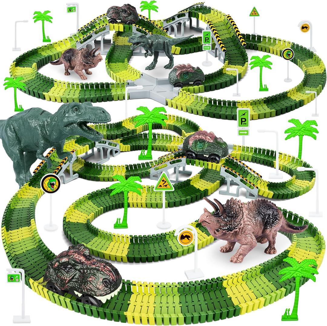 Dinosaur Toys, 252 PCS Create A Dinosaur World Road Race Tracks, Flexible Track Playset, 2pcs Dinosaur Car for 3 4 5 6 Year Old Boys Girls Birthday Party Favor Gift (Green)