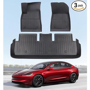 2025 New Version Floor Mats for Tesla Model 3 Highland - Custom Fit All Weather TPE Front & Rear Row Mats, 3-Piece
