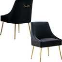 Mid-Century Modern Velvet Dining Chairs Set of 2, Upholstered Accent Chair with Gold Handle and Polished Metal Legs for Dining Room Living Room Bedroom, Black