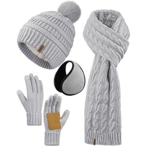 Aneco 4-in-1 Women Winter Beanie Hat Scarf Touchscreen Gloves Ear Warmer Set Fleece Lined Warm Knit Skull Cap with Pom Pom (Light Gray)