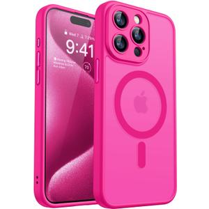 CANSHN Magnetic Compatible with iPhone 15 Pro Max Case, Upgraded [Full Camera Protection] [Compatible with Magsafe] [Translucent Matte] Shockproof Protective Phone Case Cover 6.7 Inch - Hot Pink