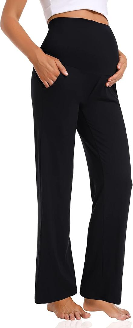 Foucome Women's Maternity Pants Casual Loose Wide Leg Cozy Pant Pregnancy Palazzo Lounge Trousers with Pockets (Large, Black)