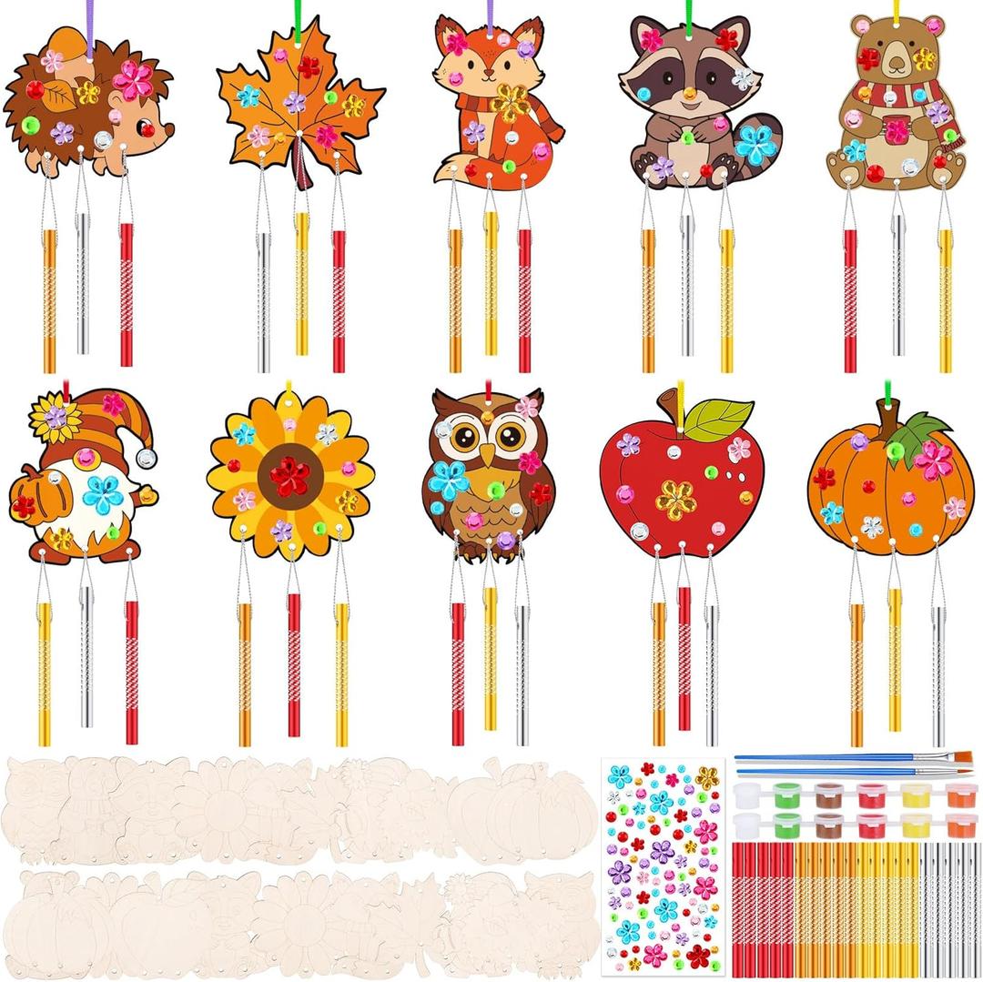 JellyArch 30 Pack Thanksgiving Wind Chime Making Kit for Adults Fall Pumpkin Leaf Animal DIY Wooden Crafts for Halloween Activity Birthday Party Decoration Gift