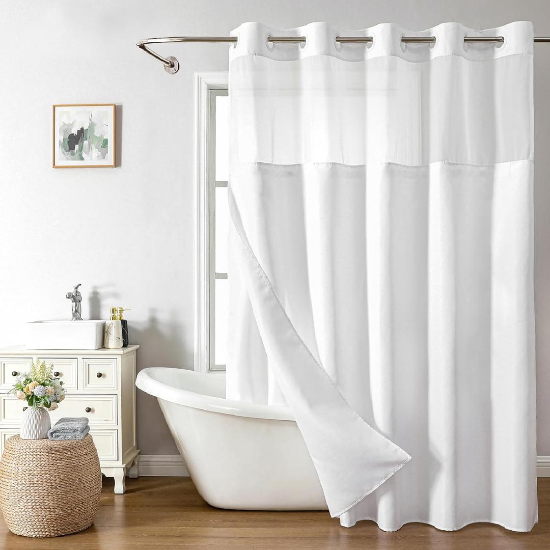 No Hooks Needed Linen Textured Shower Curtain with Snap-in Fabric Liner Set, White Hotel Luxury Decor Shower Curtains for Bathroom with Mesh Top Window, Waterproof & Washable, 71Wx74H