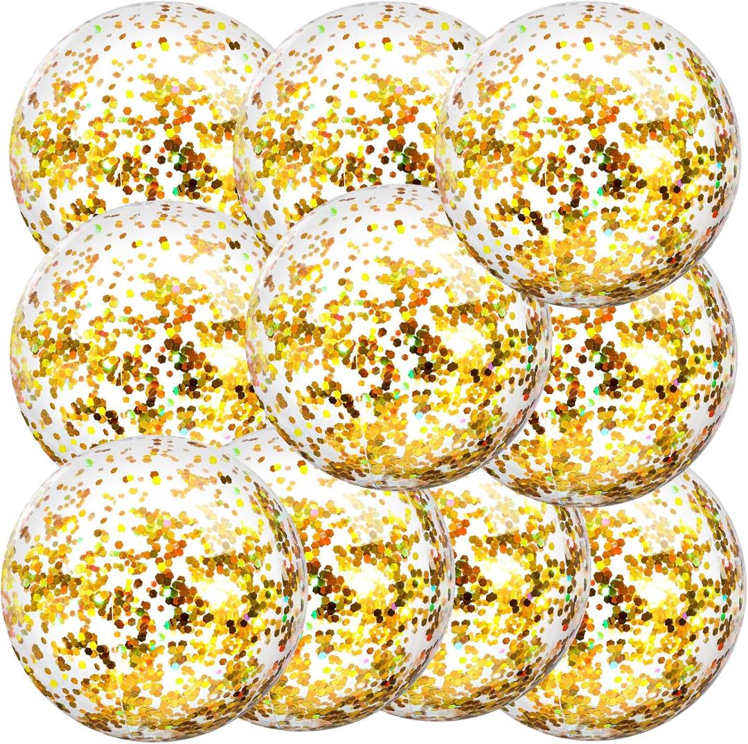Civaner 10 Pcs Inflatable Glitter Beach Balls 16 Inch Large Sparkly Confetti Pool Balls for Christmas Party Decorations Clear Blow up Balloon Toys for Birthday 2025 New Year Summer(Gold)