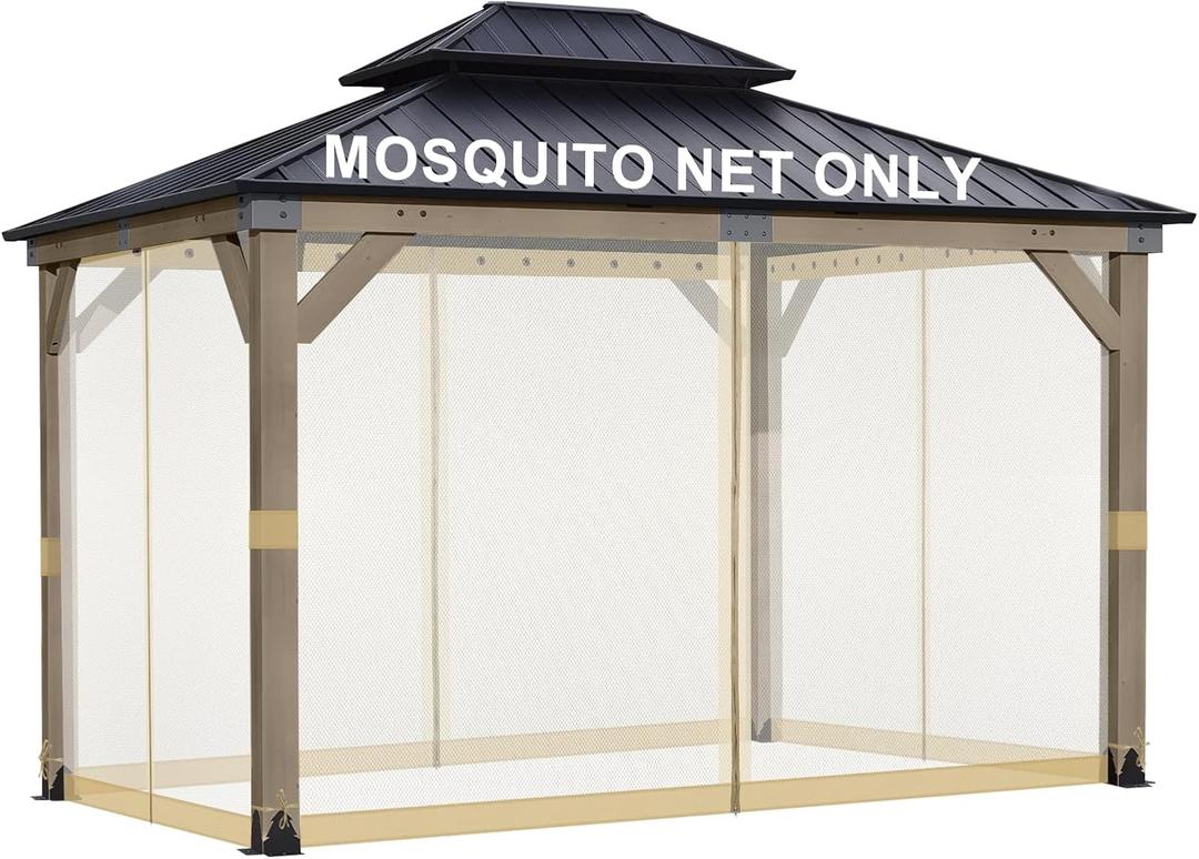 BPS 10' x 13' Gazebo Universal Mosquito Netting Screen Replacement, 4-Panel Mesh Screen Walls with Double Zippers for Outdoor Patio, Khaki (Mosquito Net Only)