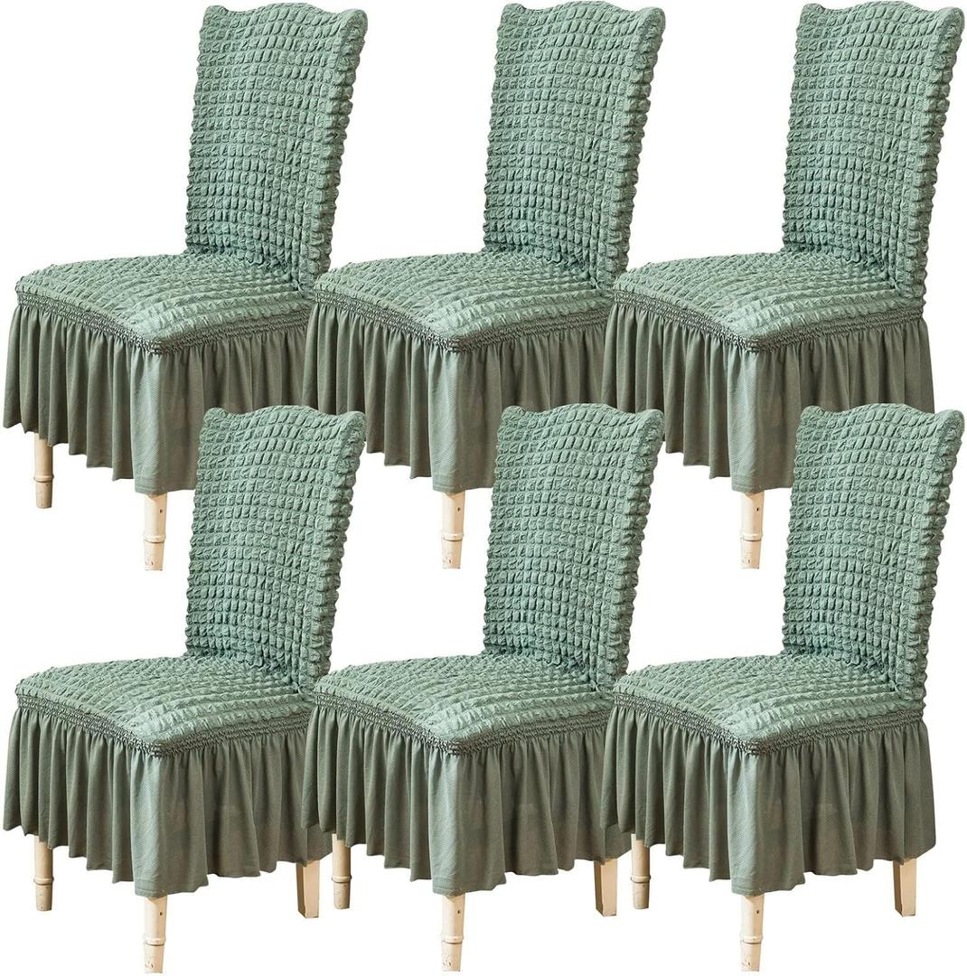 Qubjus Chair Covers for Dining Room Set of 6 Stretch Chair Slipcovers with Skirt Removable Washable Kitchen Chair Protector Cover Set for Home, Party, Wedding(Light Green, 6pcs)