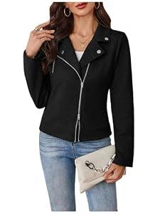 MakeMeChic Women's Short Soft Zip Up Jacket Long Sleeve Lapel Collar Coat Biker Moto Jacket Black Large