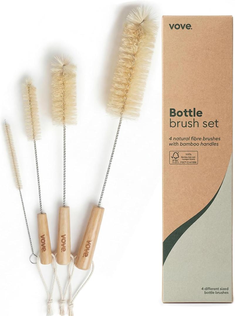 Vove Bottle Brush Set, 4 Natural Sisal Bottle Brushes with Long Bamboo Handles, Plastic-Free Bottle & Straw Cleaner Set, Zero Waste, Stainless Steel Wire, FSC Certified Bamboo, Kraft Packaging