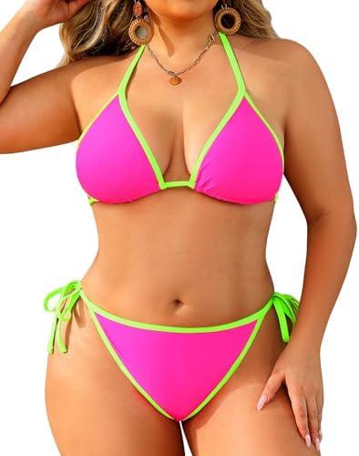 Tempt Me Women Plus Size Triangle Bikini Sets String Two Piece Halter Swimsuits with Tie Side Bottom 12W