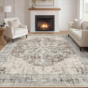 Tortania Area Rug Living Room Rugs - 9x12 Washable Boho Rug Vintage Oriental Distressed Farmhouse Large Thin Indoor Carpet for Living Room Bedroom Under Dining Table Home Office - Brown Blue