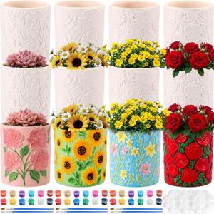 Zubebe 12 Pcs Paint Your Own Ceramic Pots Bulk Unfinished Succulent Pots Craft Kit with Drainage Hole Mini Paintable Plant Vase Ready to Paint Planter for Cactus DIY Craft (Elegant Flowers Cylinder)