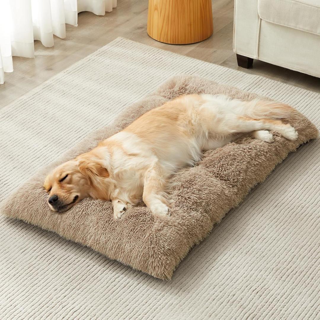 BFPETHOME Dog Beds for Large Dogs, Plush Dog Crate Bed Fluffy Cozy Kennel Pad for Sleeping &Ease Anxiety, Washable Pet Mats with Anti-Slip Bottom for Large Dogs, Brown (Large, 35x23 inch)