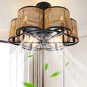 Ceiling Fans with 6-Bulb Lights and Remote, Flower Shaped Ceiling Light with 6 Adjustable Speed and for Bedroom, Kitchen and Living Room, Rattan Shade