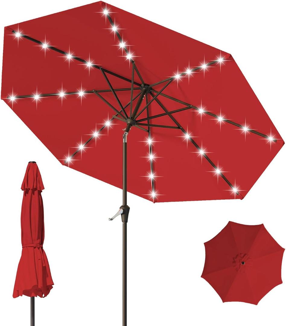 9FT Patio Umbrella with Solar Lights,Outdoor Market Umbrella with Tilt and Crank, LED Lighted Table Umbrella for Garden,Deck,Backyard,Pool,Beach (Red)