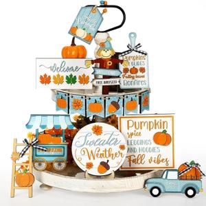 20 Pcs Fall Tiered Tray Decor Thanksgiving Table Decoration Farmhouse Rustic Centerpieces Pumpkin Truck Blocks Autumn Wooden Sign for Fall Home Table Harvest Decor