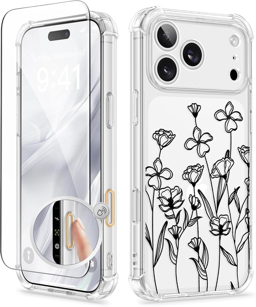 GVIEWIN for iPhone 17 Pro Max Case with Screen Protector, Upgraded [Full Camera Protection] [Non Yellowing] Floral Slim Shockproof Clear Women Phone Cover for iPhone 17 Pro Max 6.9" (Sketch/Black)