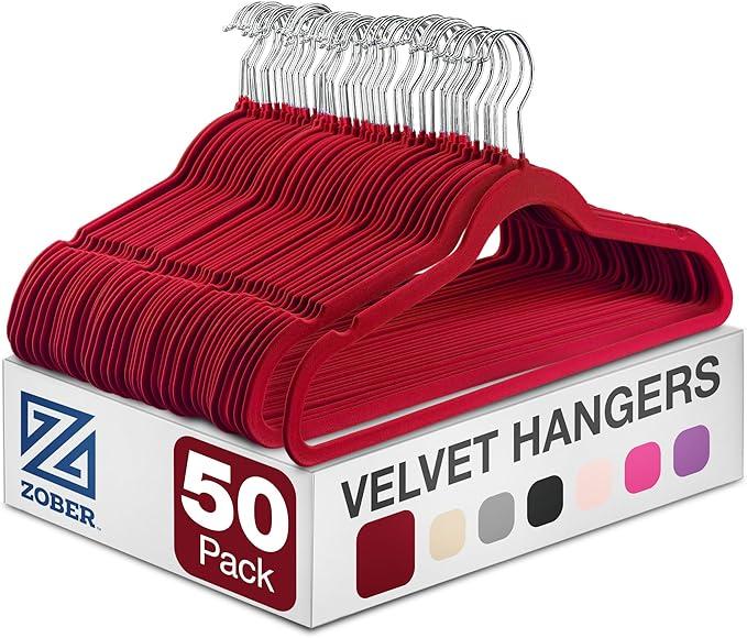 Zober Premium Quality Space Saving Luxurious Velvet Hangers Strong and Durable Hold Up to 10 Lbs  360 Degree Chrome Swivel Hook  Ultra Thin Non Slip Suit Hangers, Royal Red/Burgundy  50 Pack