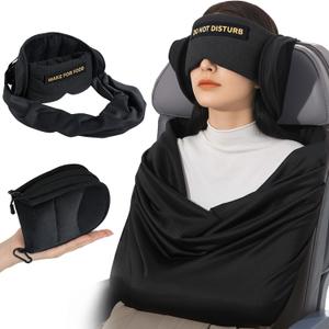 Travel Pillow and Blanket Set, Compact Airplane Pillow Bag with Eye Mask for Long Flights Sleeping, 360° Support Head Strap Travel Essentials for Plane Car Sleep Neck Upright, Stop Bobblehead (Black)