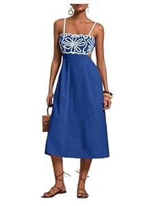 SOLY HUX Women's Midi Dress Embroidery Spaghetti Strap Cut Out A Line Flared Summer Cami Dresses S
