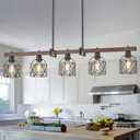 5-Light Modern Farmhouse Island Lighting, Adjustable Height Rustic Chandelier with Walnut Metal Frame & Matte Black Geometric Shade, E26 Base Hanging Light for Dining Room Over Table