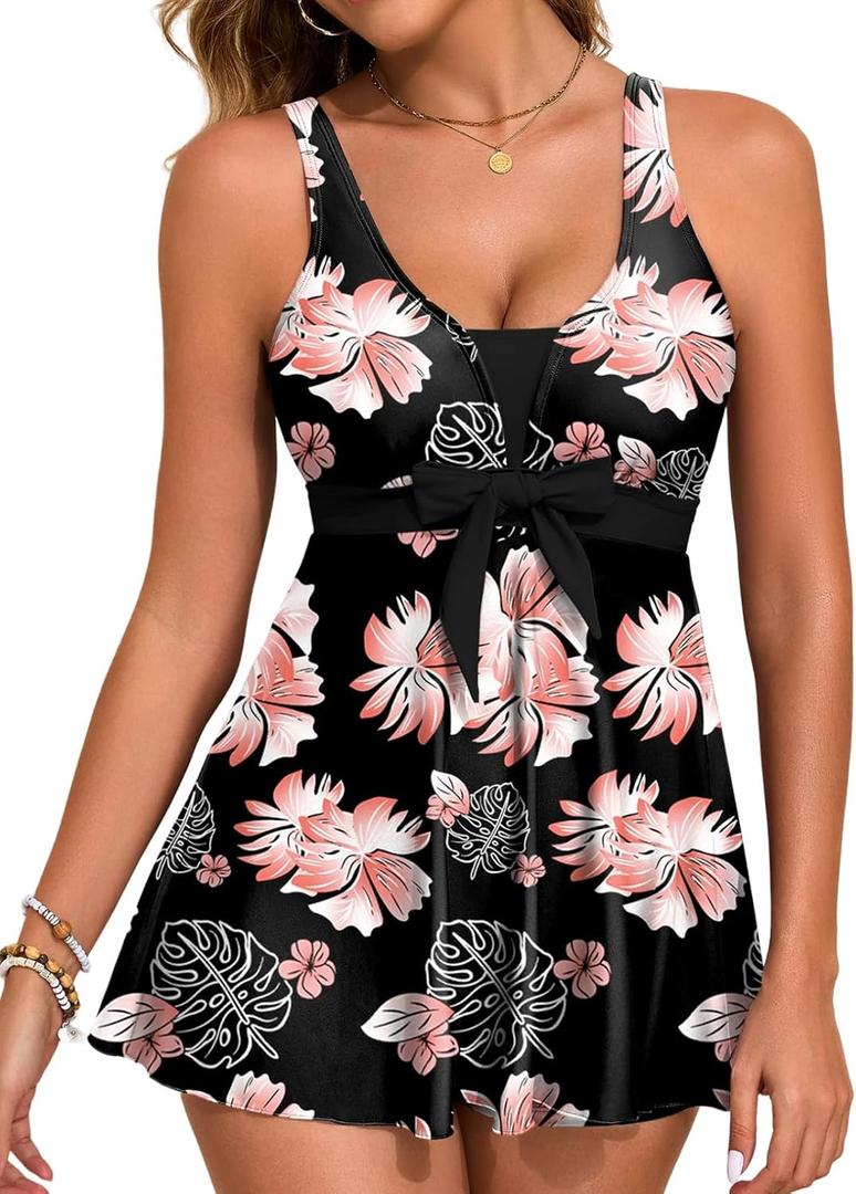 Aleumdr Women's Two Piece Tankini Set Printed Tummy Control Swim Dress (Black, L)