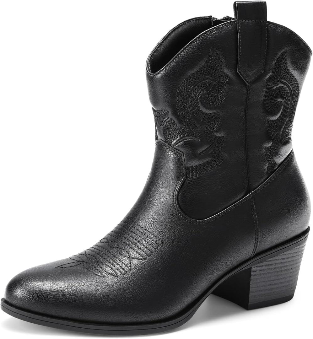 DREAM PAIRS Women's Western Cowboy Cowgirl Embroidered Ankle Boots Fashion Low chunky Heel Round Toe Fall Short Booties Shoes 8