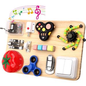 Fidget Spinner Pad Busy Board Toys Robot Fidget Spinner Music Box Switch Latches Keyboard Sensory 11 in 1 Wooden Montessori Travel Activity Board Focus Toy Motor Skills Gift for Girls Boys