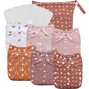 babygoal Large Cloth Diapers Pack of 13 for 3-5 Year Toddlers, Cloth Diaper Covers 6 Pack with 6pcs Inserts and Wet Bag, Reusable Washable & Waterproof (Boho-cloud,rainbow,sun) L