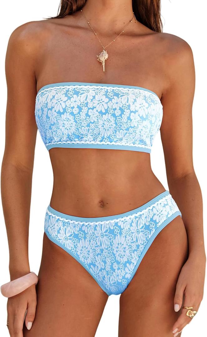 ZAFUL Bikini Set for Women Strapless Textured Bandeau Bikini Two Piece Swimsuit Lace up Bathing Suits, M
