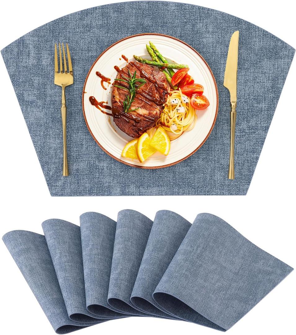 Homaxy Round Table Placemats Set of 6, Washable Wedge Shaped Faux Leather Table Mats, Wipeable Kitchen Dinner Place Mats for Indoor Outdoor, Blue