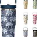 30oz Elephant Tumbler with Handle and Flip Straw, Stainless Steel Insulated Cup, Travel Coffee Mug Water Bottle, Birthday Mothers Day Chritmas Gifts for Women Animal Lovers