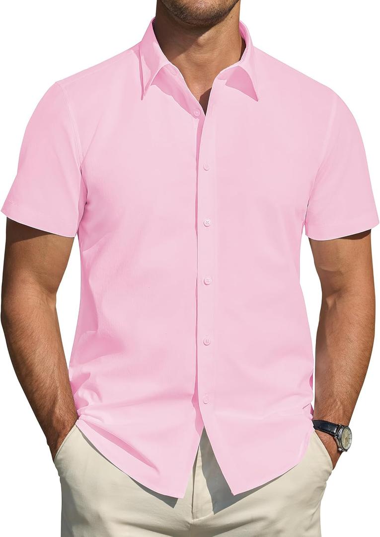 J.VER Men's Short Sleeve Dress Shirts Stretch Stain Shield Casual Button Down Shirts Solid Formal Shirt (X-Large, Light Pink)