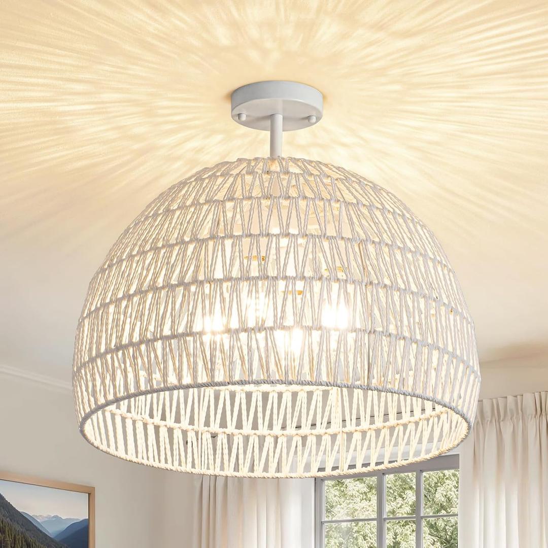 4-Light Rattan Ceiling Light, 20" Semi Flush Mount Boho Light Fixture with Hand-Woven Shade, Farmhouse Chandelier Wicker Fixture for Kitchen Bedroom Living Room Hallway