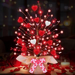 Valentines Day Decorations,Timer Lighted Valentine's Day Tree Tabletop with 20 Red Lights Battery Operated 16 Inch 12 Heart 48 Pink Berries Artificial Tree Valentine's Day Decor Home Party Wedding